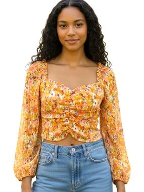 LUSH Orange/Peach Floral Ruche Front Balloon Sleeve Smocked Back Crop Top (S)